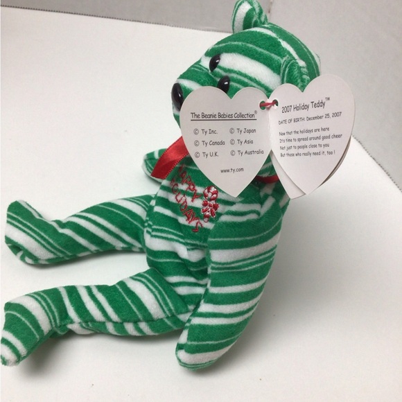 Ty Beanie Baby Retired 2007 Holiday Teddy Happy Holidays Green Candy Stripe Bear - Picture 2 of 3